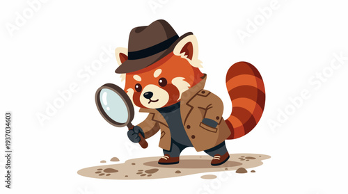 Adorable red panda detective wearing a trench coat and fedora, holding a magnifying glass and searching for clues in a light brown background with scattered dirt