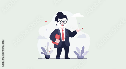 Cheerful man in suit with red folder and tie, gesturing while standing near potted plants and abstract shapes