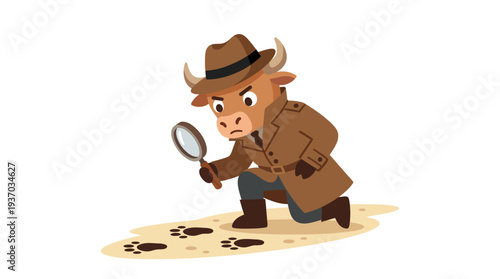 A determined bull wearing a trench coat and fedora hat meticulously examines footprints with a magnifying glass, embodying the spirit of investigation and discovery