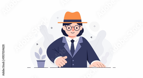 Professional person wearing hat and glasses, with plant and abstract background