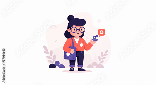Trendy individual with glasses and a tote bag holds a notification icon