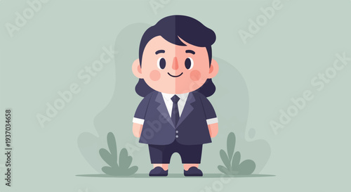 Flat character in a suit, with wavy hair and a cheerful expression, amidst abstract greenery
