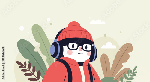 Cheerful character with headphones and beanie, amidst stylized plants