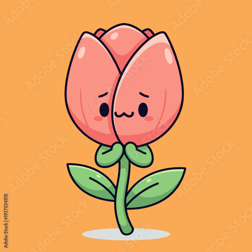 Adorable blushing cartoon tulip flower character illustration showing shy emotion with cute petals