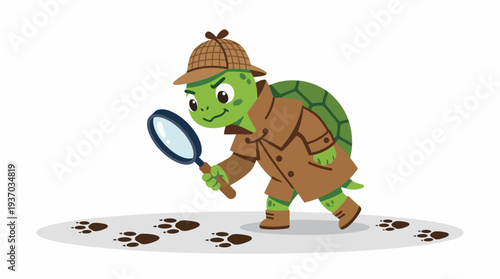 Curious cartoon turtle detective in a trench coat and hat, examining footprints with a magnifying glass