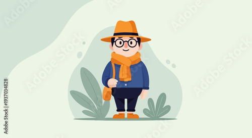 Animated character in an orange hat, scarf, and satchel, standing among stylized leaves