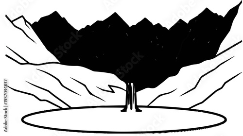 Stark landscape with a dark, jagged mountain range and a barren, oval foreground