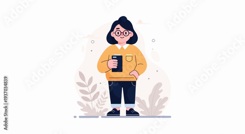 A person in a yellow sweater and glasses holding a phone