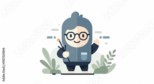 Flat cartoon person with glasses, holding small tools, in a stylized natural setting