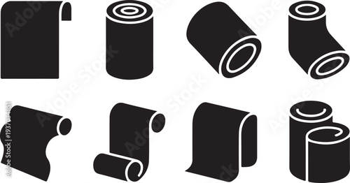 Black and white roll of fabric or paper in various positions and angles