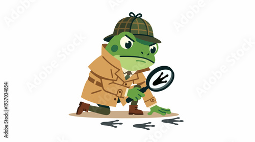 A curious frog detective in a trench coat and deerstalker hat intently inspects mysterious footprints with a magnifying glass, diligently searching for clues