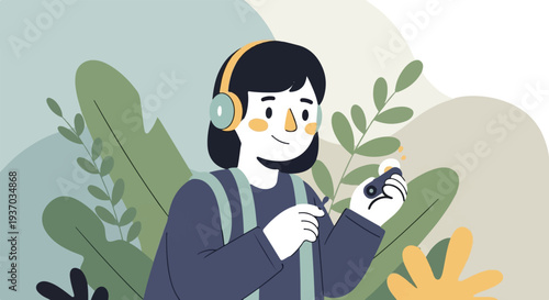 Person with headphones listening to music, surrounded by plants