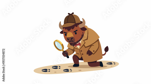 Curious bull detective in trench coat with magnifying glass investigating footprints, solving a mystery with determination and a keen eye