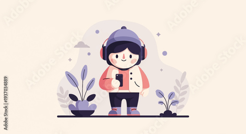 A smiling child with headphones and a phone stands amidst gentle foliage on a light background