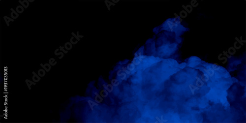 Blue smoke in dark background. Texture and desktop picture. A stunning nocturnal skyscape with a dramatic storm approaching. Blue Mist Texture for Fantasy or Atmospheric Visual Backgrounds. 