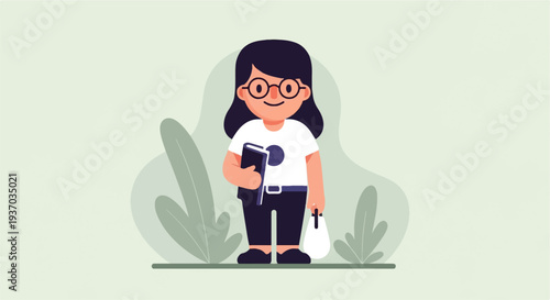 A cartoon child with glasses holds a book and a bag