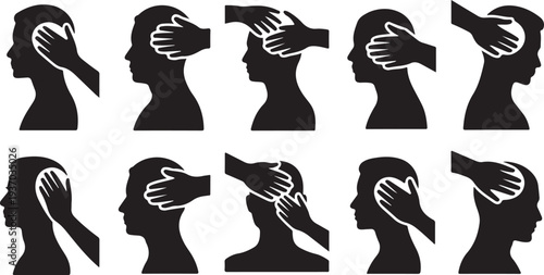 Black and white silhouettes of people receiving hair treatments and massages