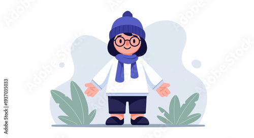 Cheerful character in winter attire with open arms, surrounded by nature