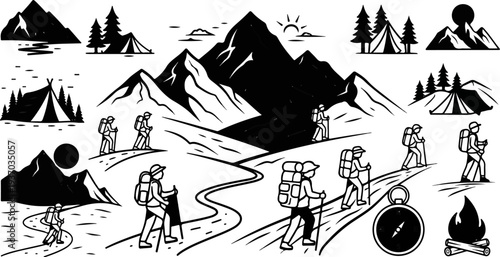 Stylized mountain scenery and hikers with tents and campfires