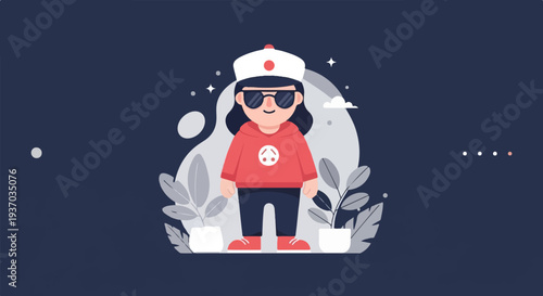 Cheerful animated character in red hoodie and sunglasses, surrounded by abstract shapes and plants