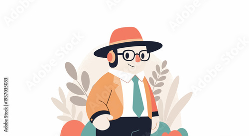 A person in a hat and glasses stands with foliage