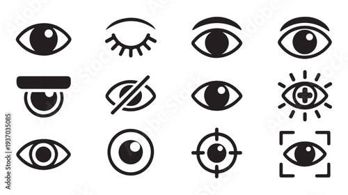 Collection of eye icons for vision and surveillance, showcasing different eye symbols and monitoring concepts.