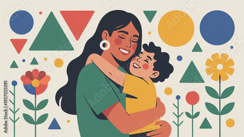 Smiling mother hugging her happy child surrounded by colorful geometric shapes and flowers
