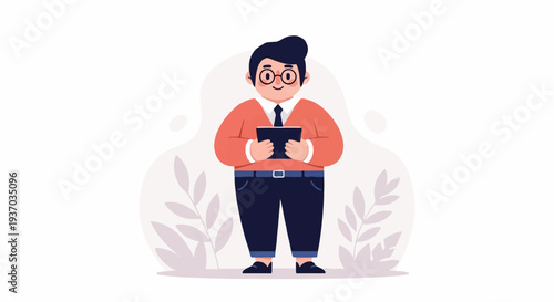 Cartoon man with glasses, red sweater, and blue pants, holding a book
