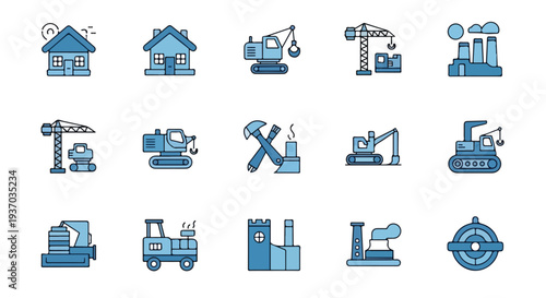 A collection of 15 blue vector icons illustrating houses, construction vehicles, factory buildings, and industrial tools and processes.