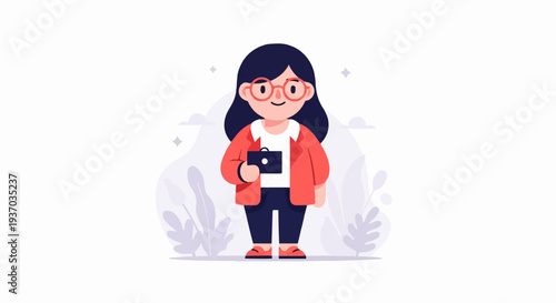 A cartoon person wearing glasses, a red jacket, and holding a briefcase, stands in front of stylized foliage