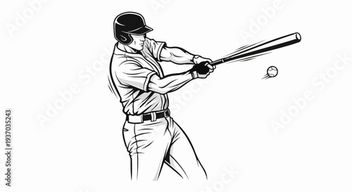 Stylized black and white illustration of a baseball player swinging a bat