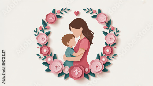 Mother holding child surrounded by floral wreath tender moment pink flowers green leaves soft colors love care nurturing family bond gentle serene beautiful illustration