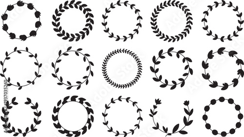 Black circular leaf and laurel wreath patterns on white background