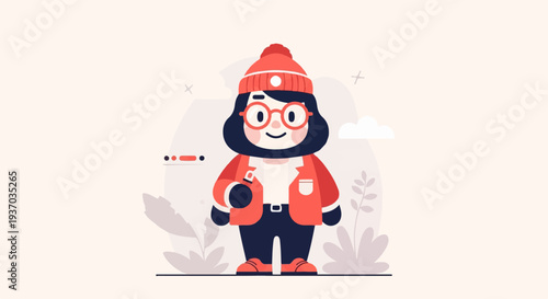 A cheerful, stylized person wearing a beanie and glasses, surrounded by abstract shapes and plants
