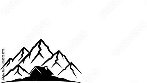 Stylized black and white mountain range with a silhouetted house nestled at its base