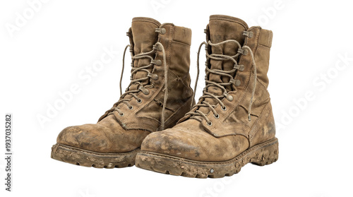Pair of dirty combat boots on transparent background