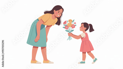Young girl giving mother a bouquet of flowers in a heartwarming moment of love and appreciation