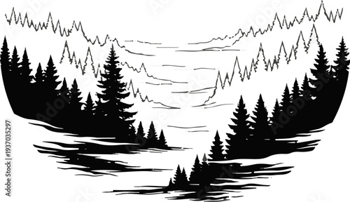 Stylized black silhouette of a dense forest with layered, jagged mountain peaks