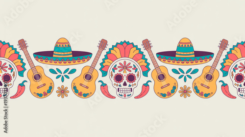 Vibrant day of the dead illustration featuring guitars sugar skulls and sombreros in a festive mexican inspired pattern with bright colors and floral details