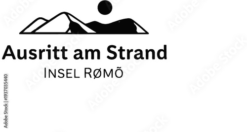 Stylized mountain landscape with sun over text "Ausritt am Strand" and "INSEL RØMØ