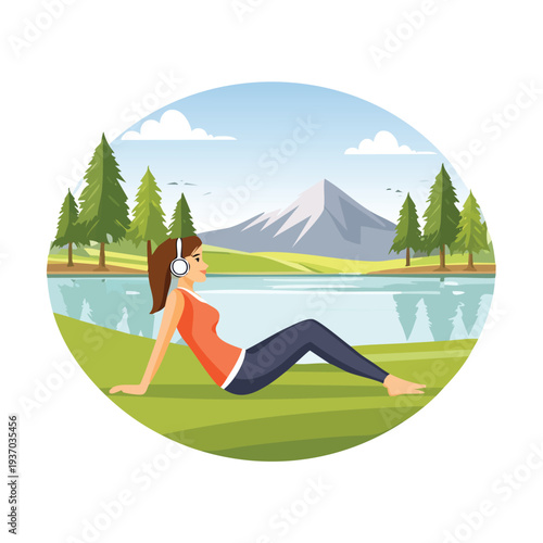 Woman listening to music sitting near lake in nature