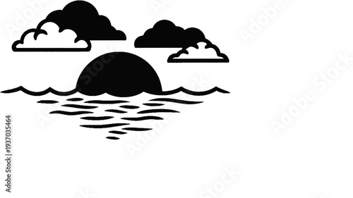 Stylized sun setting over wavy water with clouds above