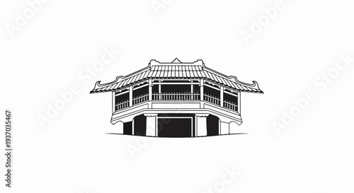 Stylized illustration of an ornate, multi-tiered traditional structure on stilts