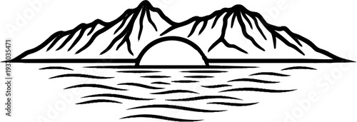 Stylized sketch of a sunrise behind mountains over water