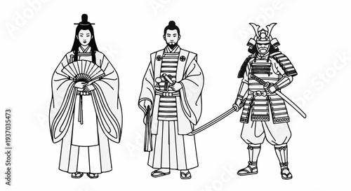 Three figures in traditional Japanese attire, one holding a fan, one with a sword and fan, one in samurai armor