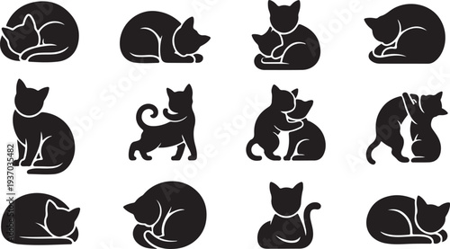Black silhouette of cats in various poses and interactions