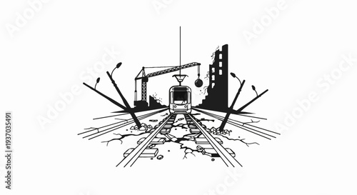 Tram on damaged tracks with demolition crane and urban decay