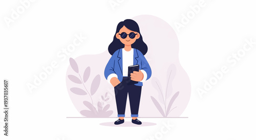 Stylized person in blue jacket and sunglasses holding a book with plants in background