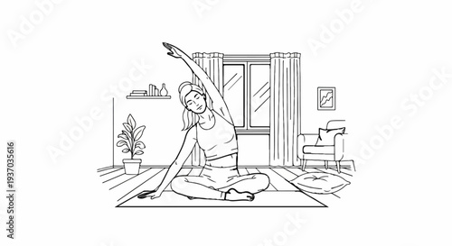 Woman practicing yoga in a living room with a plant, window, and armchair