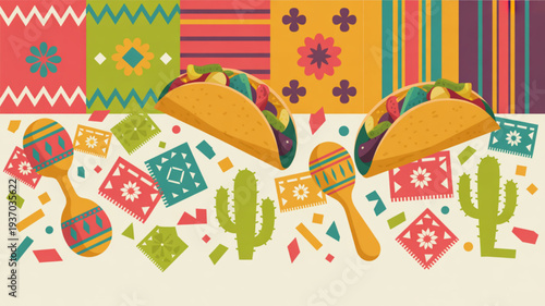 Vibrant mexican fiesta illustration with tacos maracas and confetti on colorful background